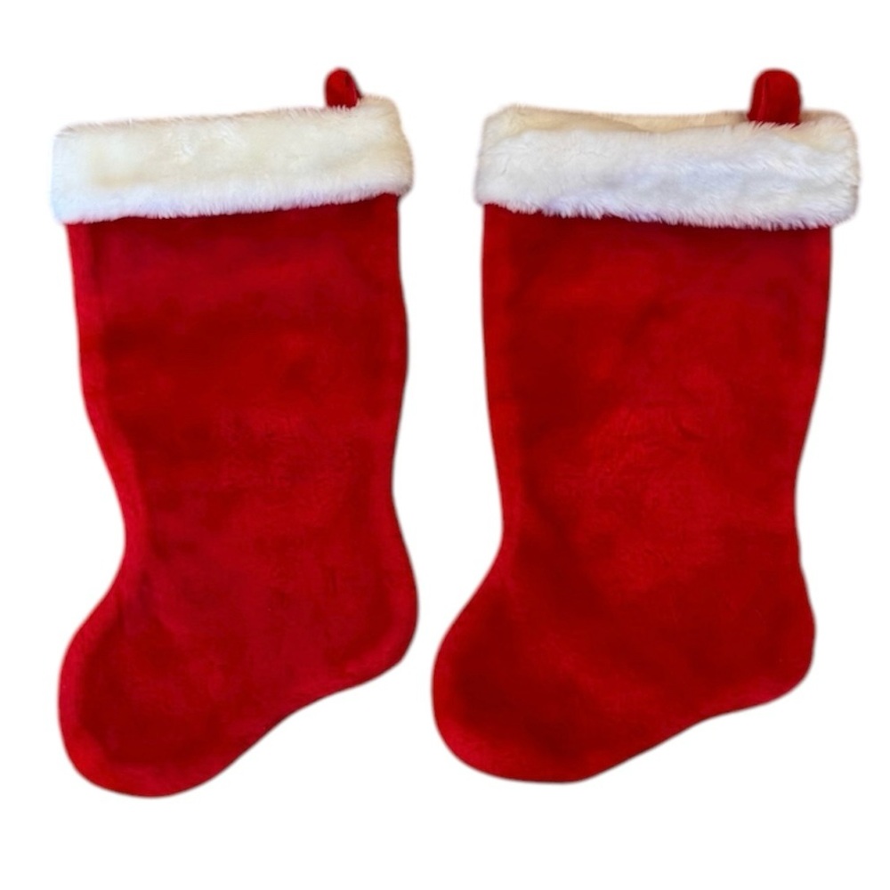 Set 2 Red Christmas Stockings Furry Soft Holiday
